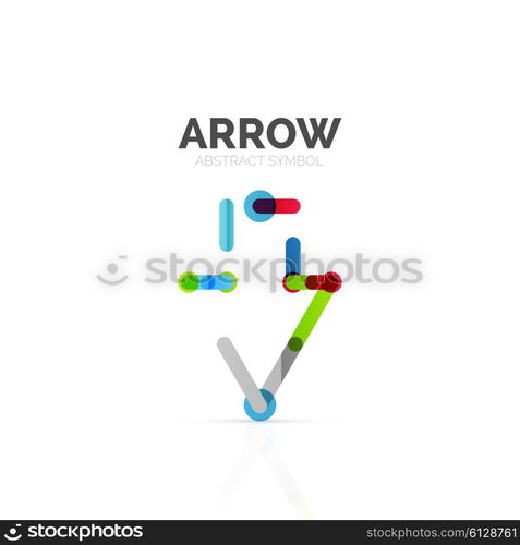 Linear arrow abstract logo, connected multicolored segments of lines in directional pointer figure. Vector wire business icon isolated on white