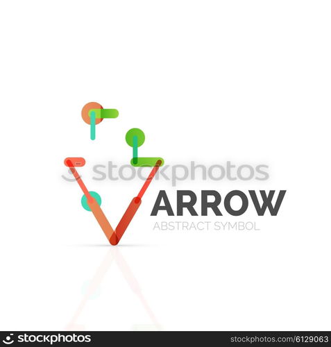 Linear arrow abstract logo, connected multicolored segments of lines in directional pointer figure. Vector wire business icon isolated on white