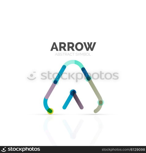 Linear arrow abstract logo, connected multicolored segments of lines in directional pointer figure. Vector wire business icon isolated on white