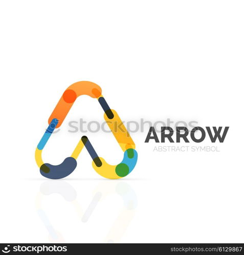 Linear arrow abstract logo, connected multicolored segments of lines in directional pointer figure. Vector wire business icon isolated on white