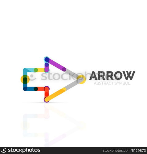 Linear arrow abstract logo, connected multicolored segments of lines in directional pointer figure. Vector wire business icon isolated on white