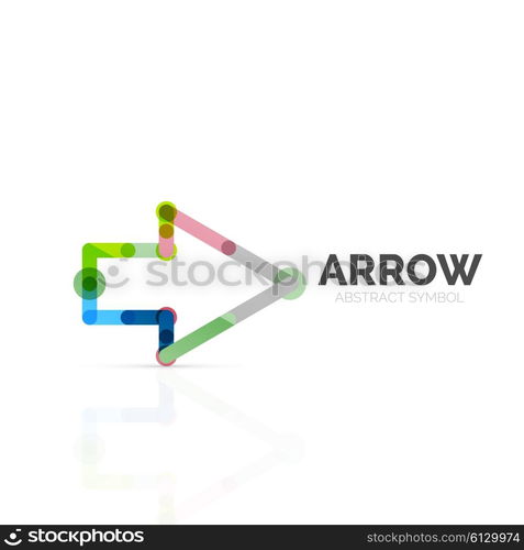 Linear arrow abstract logo, connected multicolored segments of lines in directional pointer figure. Vector wire business icon isolated on white