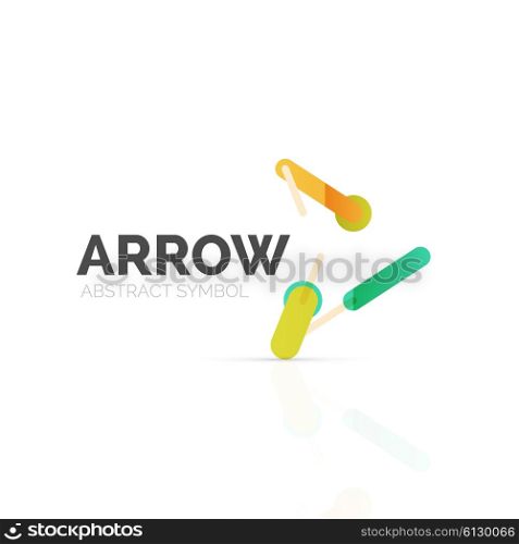 Linear arrow abstract logo, connected multicolored segments of lines in directional pointer figure. Vector wire business icon isolated on white