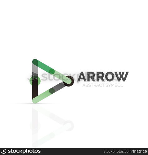 Linear arrow abstract logo, connected multicolored segments of lines in directional pointer figure. Vector wire business icon isolated on white