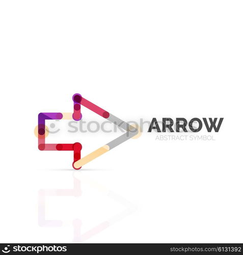 Linear arrow abstract logo, connected multicolored segments of lines in directional pointer figure. Vector wire business icon isolated on white