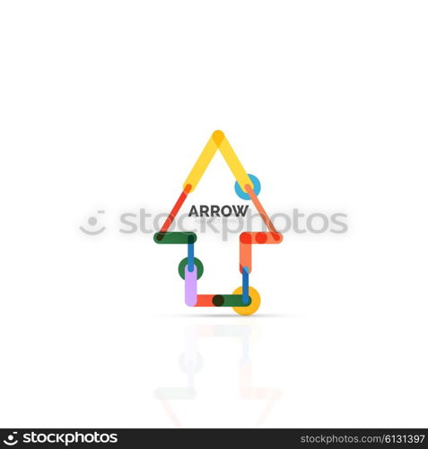 Linear arrow abstract logo, connected multicolored segments of lines in directional pointer figure. Vector wire business icon isolated on white