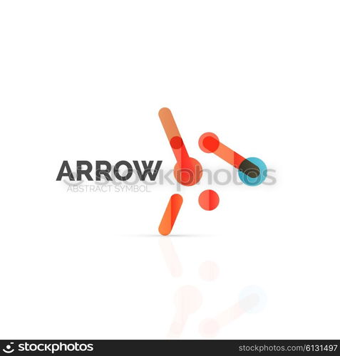 Linear arrow abstract logo, connected multicolored segments of lines in directional pointer figure. Vector wire business icon isolated on white