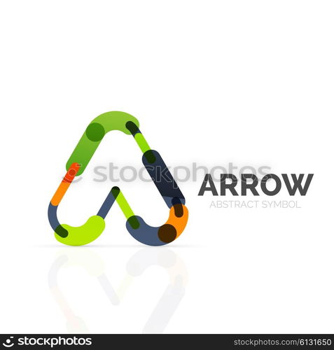 Linear arrow abstract logo, connected multicolored segments of lines in directional pointer figure. Vector wire business icon isolated on white