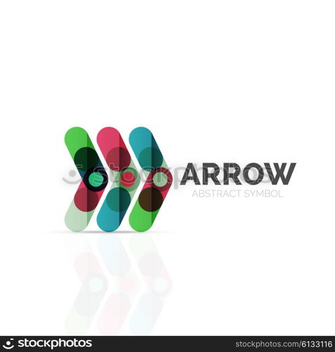 Linear arrow abstract logo, connected multicolored segments of lines in directional pointer figure. Vector wire business icon isolated on white