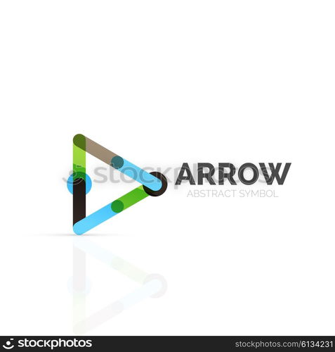 Linear arrow abstract logo, connected multicolored segments of lines in directional pointer figure. Vector wire business icon isolated on white