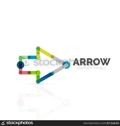 Linear arrow abstract logo, connected multicolored segments of lines in directional pointer figure. Vector wire business icon isolated on white