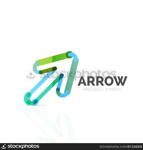 Linear arrow abstract logo, connected multicolored segments of lines in directional pointer figure. Vector wire business icon isolated on white