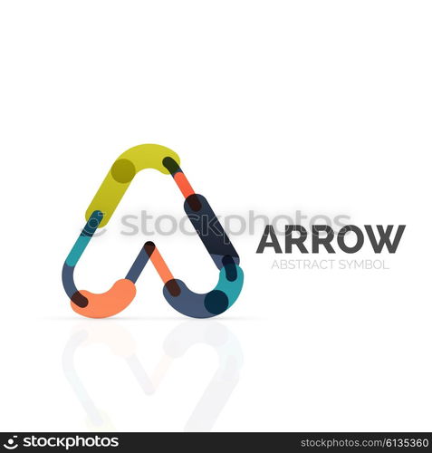 Linear arrow abstract logo, connected multicolored segments of lines in directional pointer figure. Vector wire business icon isolated on white