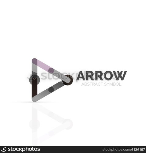 Linear arrow abstract logo, connected multicolored segments of lines in directional pointer figure. Vector wire business icon isolated on white