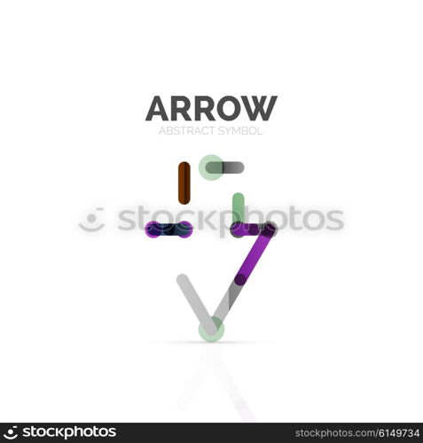 Linear arrow abstract logo, connected multicolored segments of lines in directional pointer figure. Vector wire business icon isolated on white