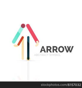 Linear arrow abstract logo, connected multicolored segments of lines in directional pointer figure. Vector wire business icon isolated on white