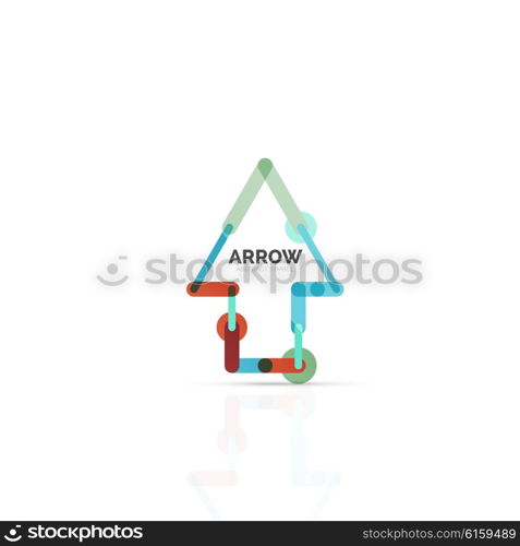 Linear arrow abstract logo, connected multicolored segments of lines in directional pointer figure. Vector wire business icon isolated on white