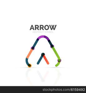 Linear arrow abstract logo, connected multicolored segments of lines in directional pointer figure. Vector wire business icon isolated on white