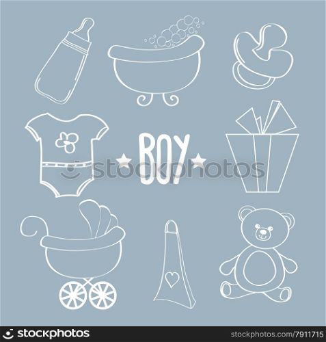 Linear baby boy items set, vector format