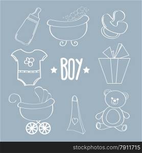 Linear baby boy items set, vector format