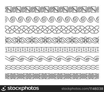 Linear border patterns. Vector ornament lacework borders texture template set for line decorative seamless ornaments. Linear lacework borders set