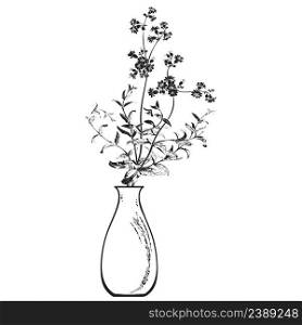Linear bouquet wildflowers in vase, engraving sketch isolated on white background. Vector illustration, greeting cards, logo, branding design, posters, print, wedding invitation, birthday, postcards