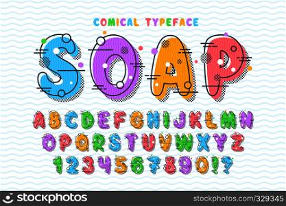 Linear bubble comical font design, colorful alphabet, typeface. Color Swatches control. Linear bubble comical font design, colorful alphabet