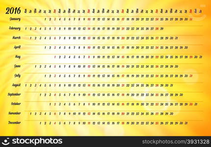 Linear calendar 2016 with days color coding