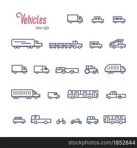 linear Car icons set, Various types of cars and vehicles. Outline style vector illustration on white background. linear Car icons set, Various types of cars and vehicles. Outline style vector illustration on white background.