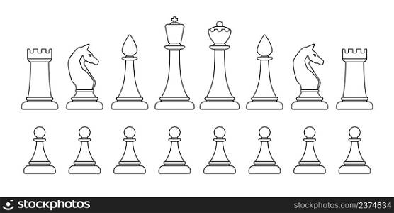 Linear chess pieces on a white background. Contours of chess silhouettes.. Linear chess pieces on a white background.