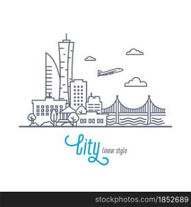 Linear Cityscape with bridge and flying airplane. Outline style vector illustration on white background. Linear Cityscape with bridge and flying airplane. Outline style vector illustration on white background.