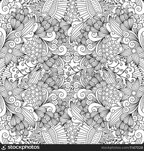 Linear decorative swirls and leaves doodle pattern, vector illustration. Linear swirls and leaves doodle pattern