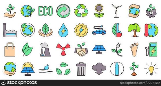 Linear ecology icons. Eco friendly related icon set in minimal style. Environmental sustainability simple symbol.. Color Linear ecology icons. Eco friendly related icon set in minimal style.