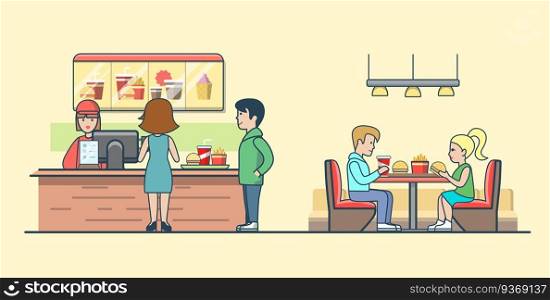 Linear Flat Couple eating burgers and fries, clients ordering food on bar vector illustration. Waiter, man, woman, client characters. Fast food concept.