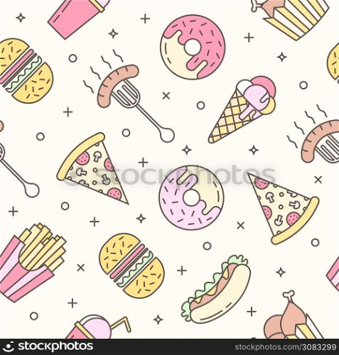 Linear Flat fast food icons seamless pattern