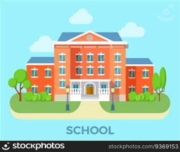 Linear Flat school building facade entrance vector illustration. Welcome back to education concept.