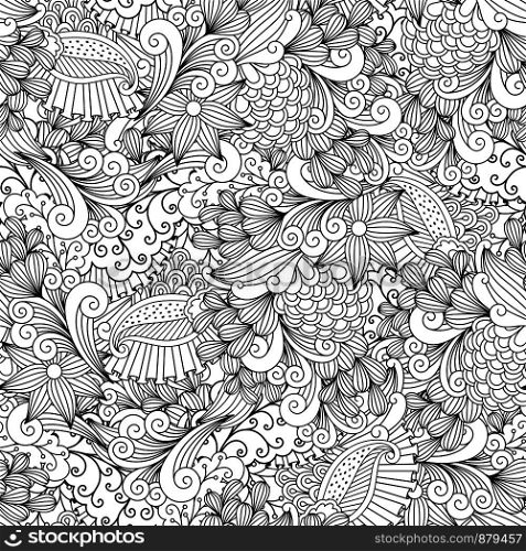 Linear floral vintage ornamental background with leaves and swirls. Vector illustration. Floral vintage ornamental background