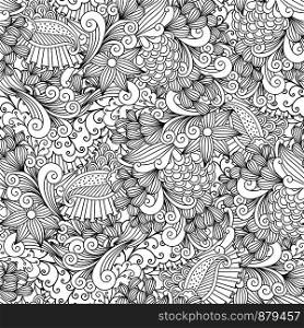 Linear floral vintage ornamental background with leaves and swirls. Vector illustration. Floral vintage ornamental background