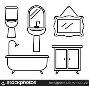 Linear furniture. Bathroom interior design icons. Isolated sink, bath with shower and toilet, mirror and wardrobe, outline graphic objects collection, vector black and white home decor elements set. Linear furniture. Bathroom interior design icons. Isolated sink, bath with shower and toilet, mirror and wardrobe, outline objects, vector black and white home decor elements set