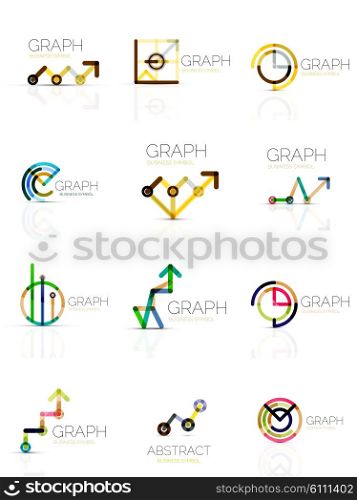 Linear graph and chart abstract logo set, connected multicolored line segments. Vector minimal wire business icons isolated on white. Flat design