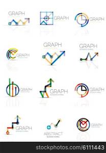 Linear graph and chart abstract logo set, connected multicolored line segments. Vector minimal wire business icons isolated on white. Flat design