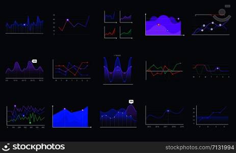 Linear graphcharts. Business graphic charts, line diagrams and business infographics elements vector set. Financial assets analysing. Investment statistics colorful histograms on black background. Linear graphcharts. Business graphic charts, line diagrams and business infographics elements vector set. Financial assets monitoring. Investment analysing colorful histograms on black background