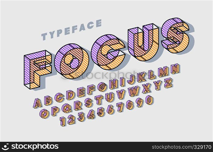 Linear halftone original 3d display font, alphabet, letters and numbers. Swatch color control. Linear halftone original 3d display font, alphabet, letters