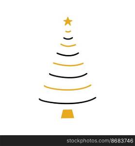 Linear hand drawn christmas tree illustration. Gold and green vector pine isolated on white background