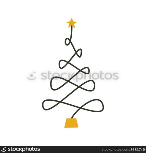 Linear hand drawn christmas tree illustration. Gold and green vector pine isolated on white background