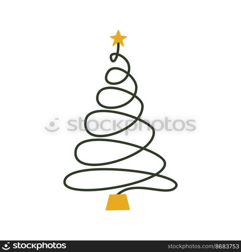 Linear hand drawn christmas tree illustration. Gold and green vector pine isolated on white background