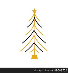 Linear hand drawn christmas tree illustration. Gold and green vector pine isolated on white background