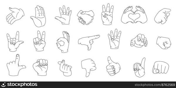 Linear hand gestures. Woman hands different poses minimal linear style, outline simple palm silhouettes with pointing fingers delicate touch. Vector collection. Heart symbol, thumb up and down. Linear hand gestures. Woman hands different poses minimal linear style, outline simple palm silhouettes with pointing fingers delicate touch. Vector collection