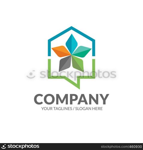 linear house with bubble chat and star color decoration logo concept element
