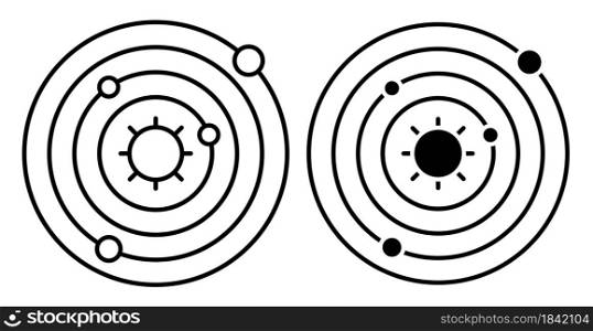 Linear icon. Abstract model of solar system. Planets revolve in orbits in space around star, sun. Simple black and white vector